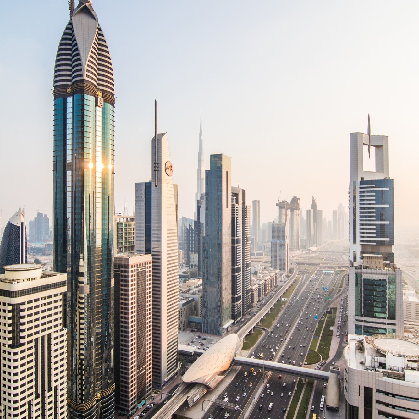 Vertical view of skyscrapers and palm trees
